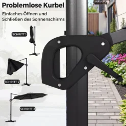 Ampelschirm Ø 300 cm Neigbarer Sonnenschirm 360° Drehbar mit Kurbel & Fußpedal Beige/Grau