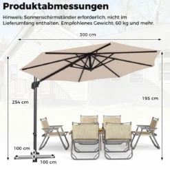 Ampelschirm Ø 300 cm Neigbarer Sonnenschirm 360° Drehbar mit Kurbel & Fußpedal Beige/Grau