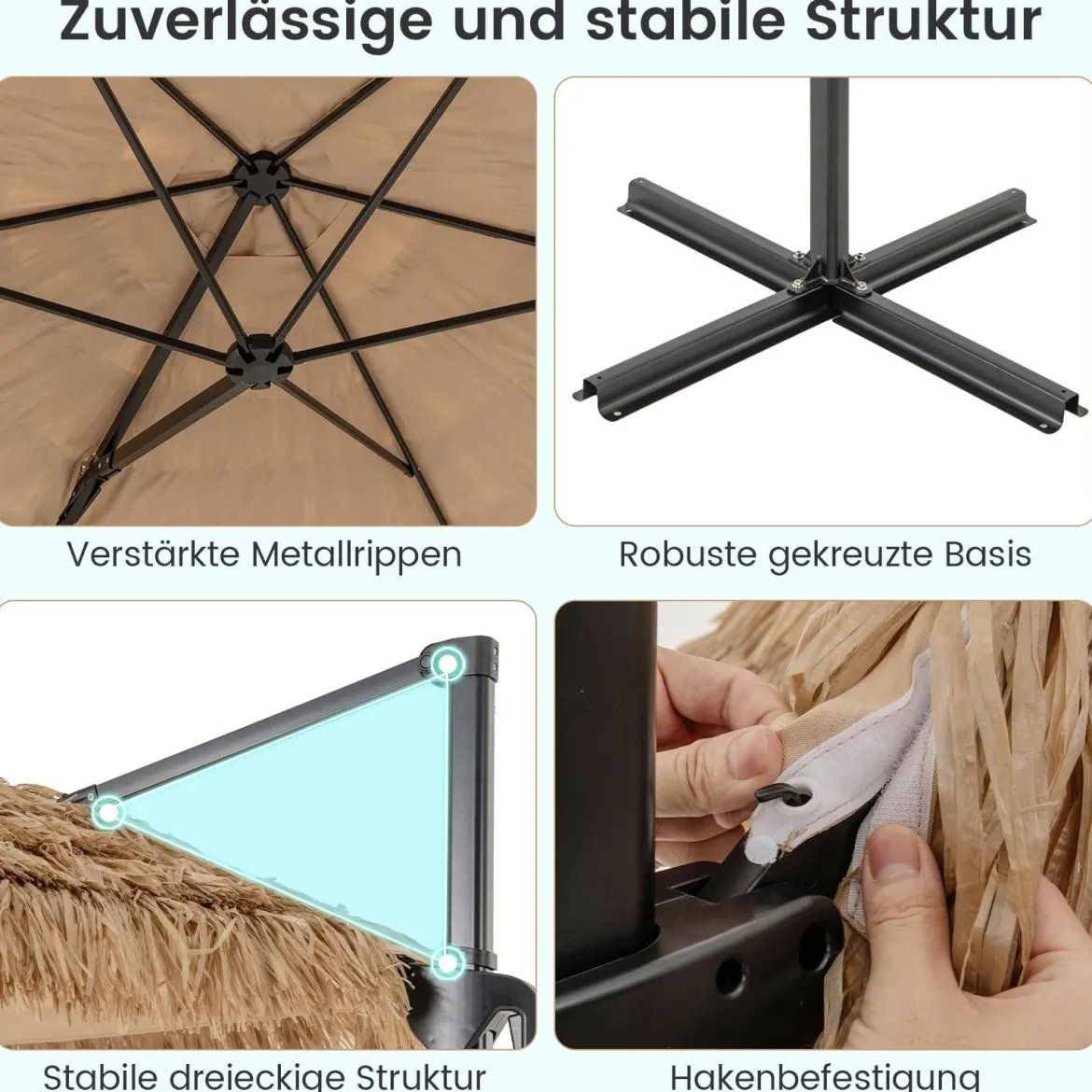 Ampelschirm Hawaii Ø 291 cm Sonnenschirm mit PE-Strohdach Kreuzfuß Metallgestell & Kurbel