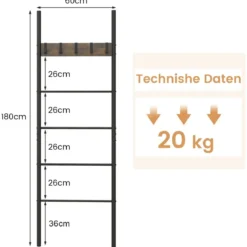 An der Wand lehnende Deckenleiter 5-stufiges Leiterregal mit 5 abnehmbaren Haken Rustikales Braun