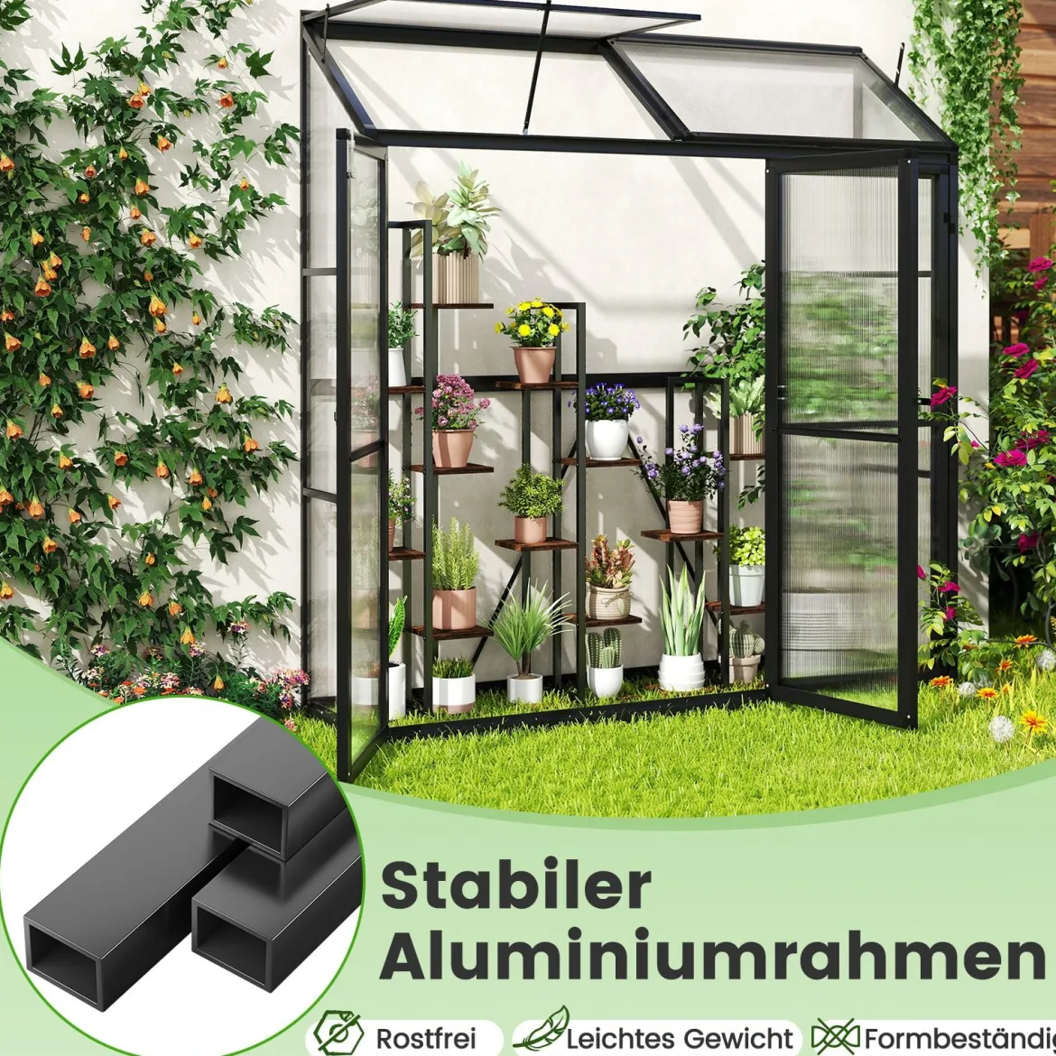 Anlehngewächshaus begehbares Gewächshaus 180 x 52 x 190 cm Tomaten Treibhaus mit Oberlicht Schwarz