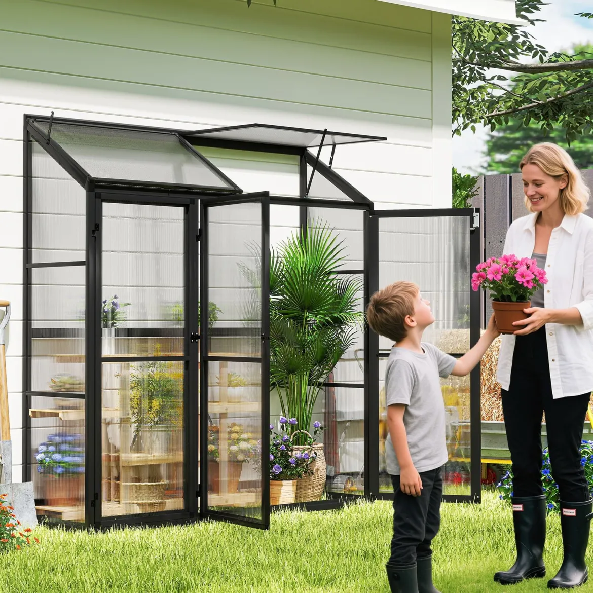Anlehngewächshaus begehbares Gewächshaus 180 x 52 x 190 cm Tomaten Treibhaus mit Oberlicht Schwarz