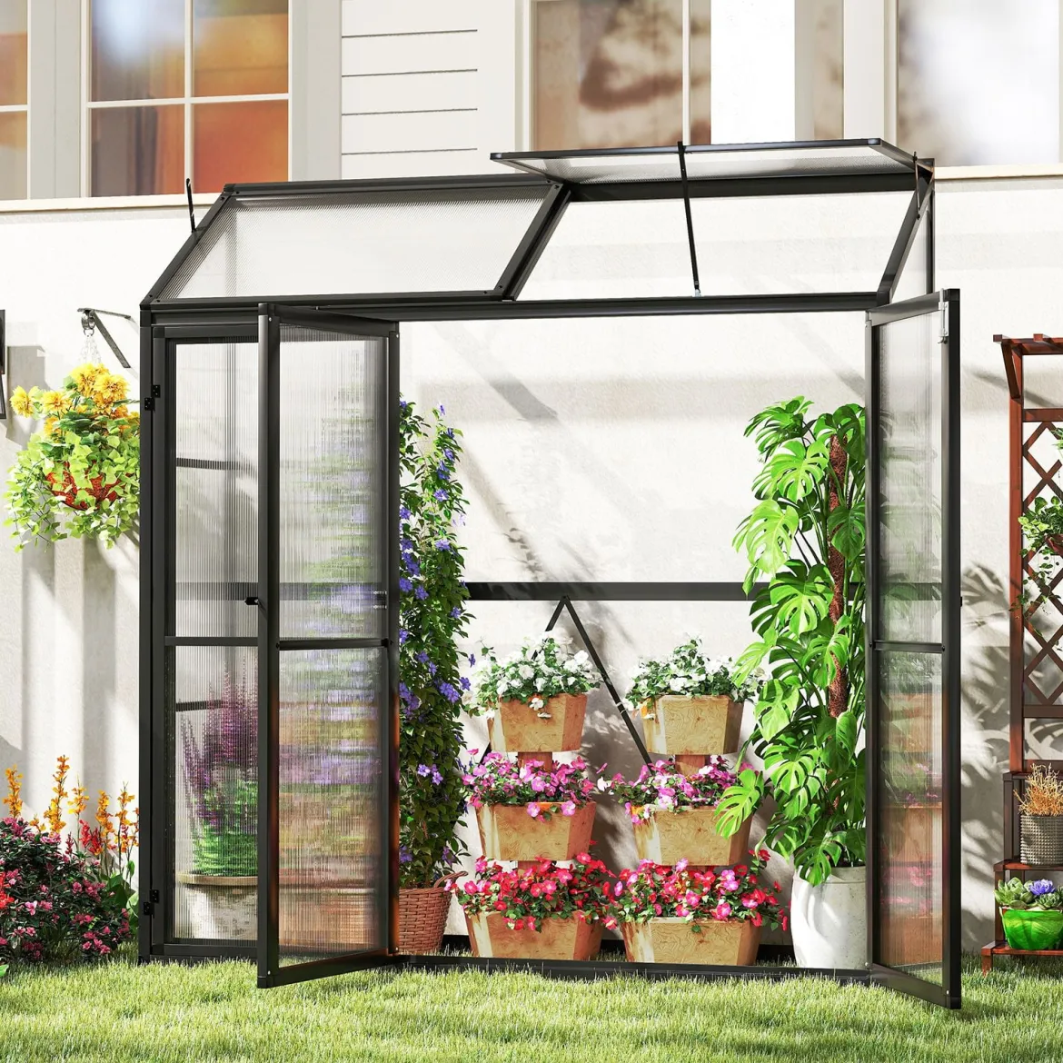 Anlehngewächshaus begehbares Gewächshaus 180 x 52 x 190 cm Tomaten Treibhaus mit Oberlicht Schwarz