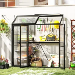 Anlehngewächshaus begehbares Gewächshaus 180 x 52 x 190 cm Tomaten Treibhaus mit Oberlicht Schwarz
