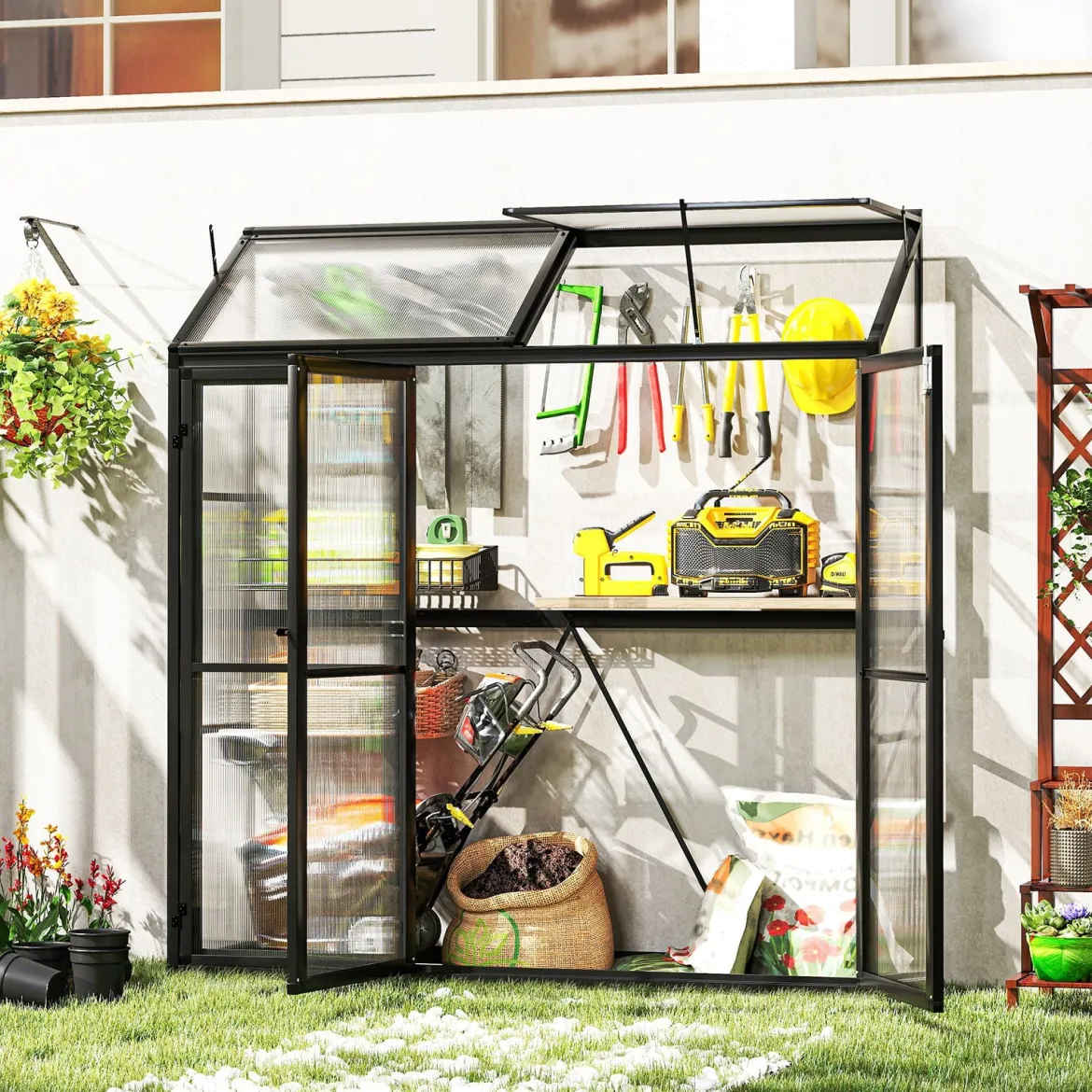 Anlehngewächshaus begehbares Gewächshaus 180 x 52 x 190 cm Tomaten Treibhaus mit Oberlicht Schwarz