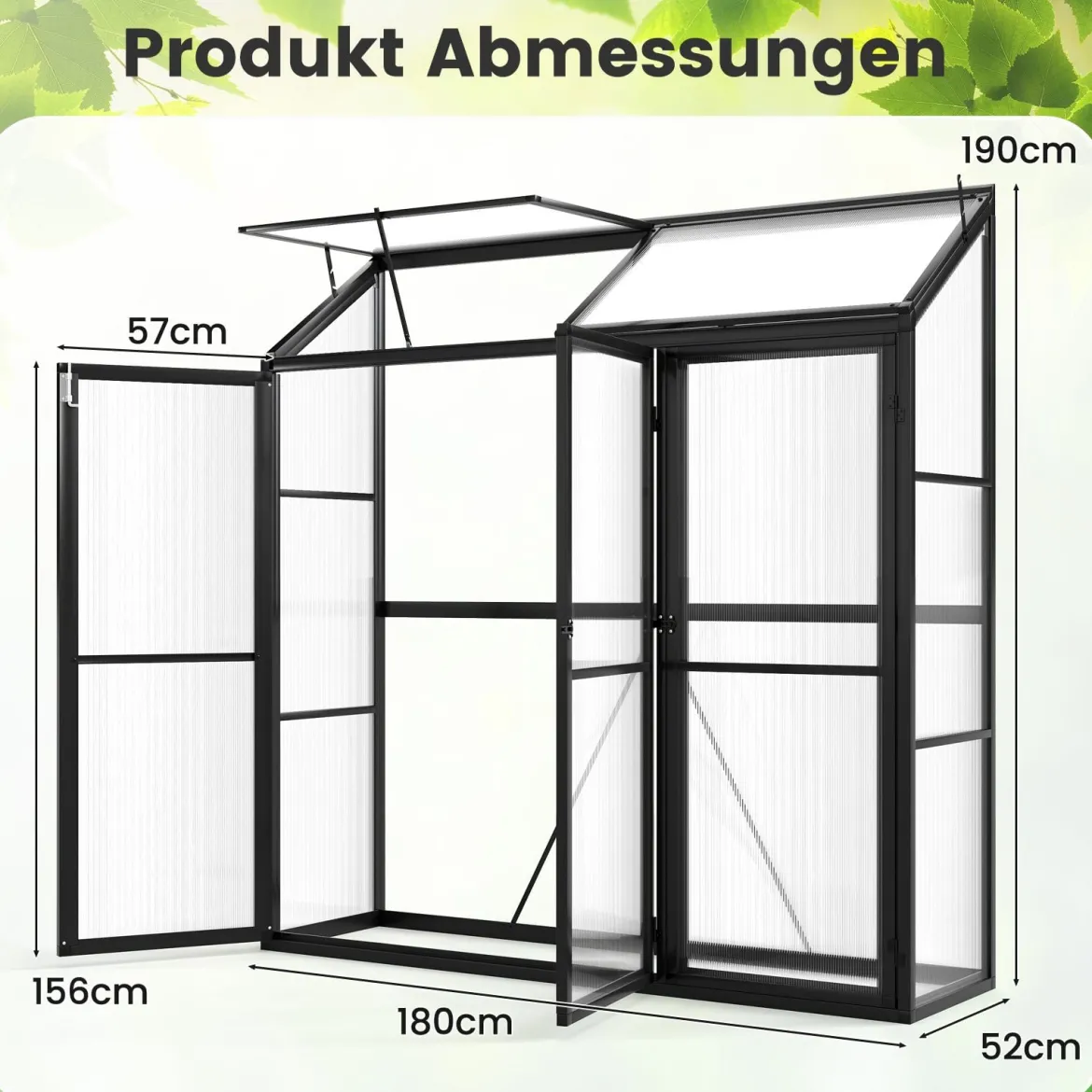 Anlehngewächshaus begehbares Gewächshaus 180 x 52 x 190 cm Tomaten Treibhaus mit Oberlicht Schwarz