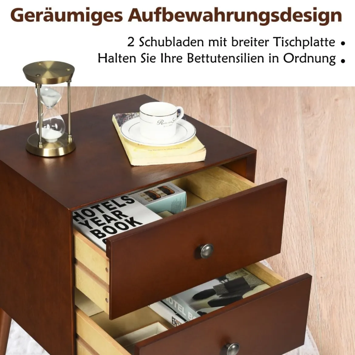 Antiker Nachttisch mit 2 Schubladen & Antiken Metallknäufen & Gummiholzbeinen 45 x 38 x 66 cm
