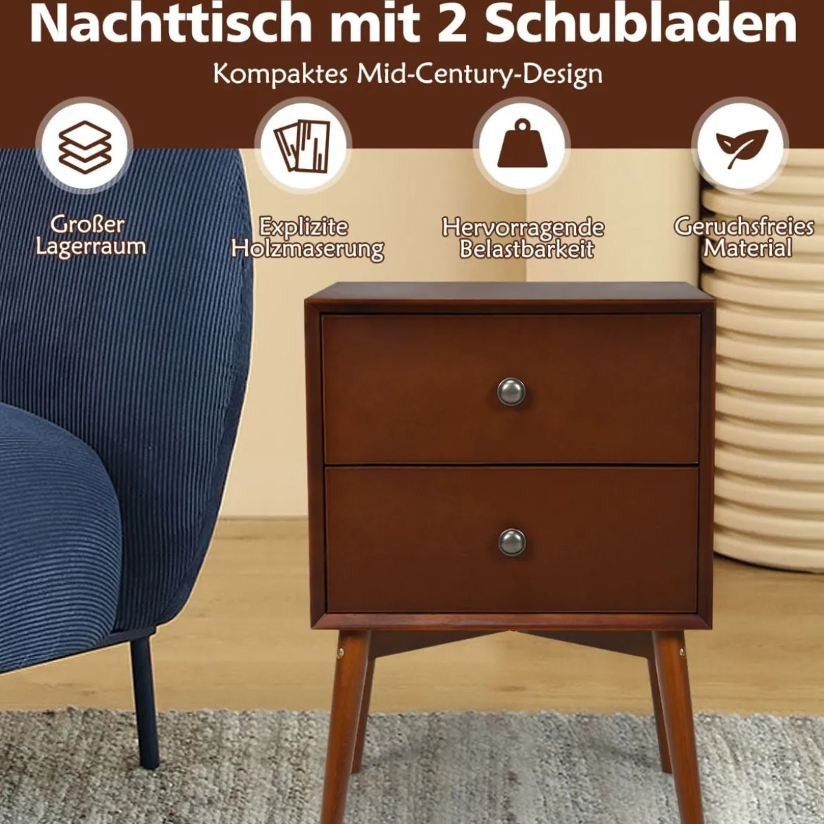 Antiker Nachttisch mit 2 Schubladen & Antiken Metallknäufen & Gummiholzbeinen 45 x 38 x 66 cm