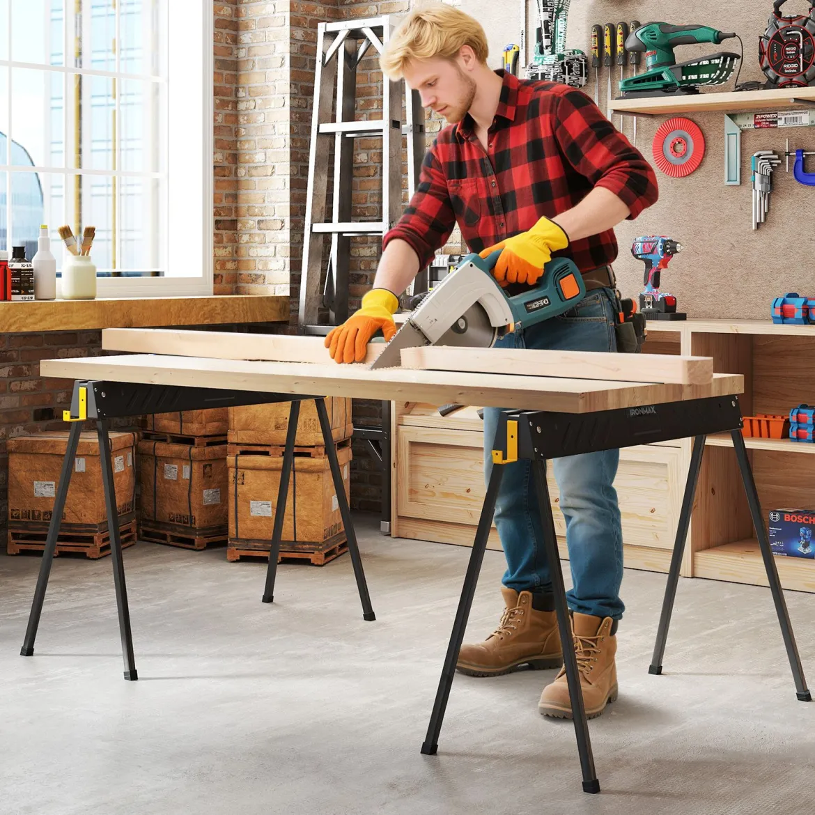 Arbeitsbock 2er Set bis 500KG belastbar Böcke klappbar Sägebock mit 2 x 4 Stützarmen 94 x 47 x 74 cm Schwarz