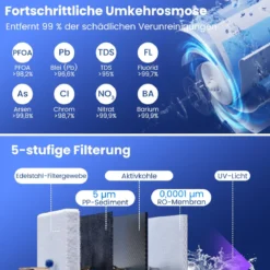 Arbeitsplatte Wasserfilter 5-stufiges RO+PPC Wasserfiltrationssystem mit UV-Licht Umkehrosmoseanlage