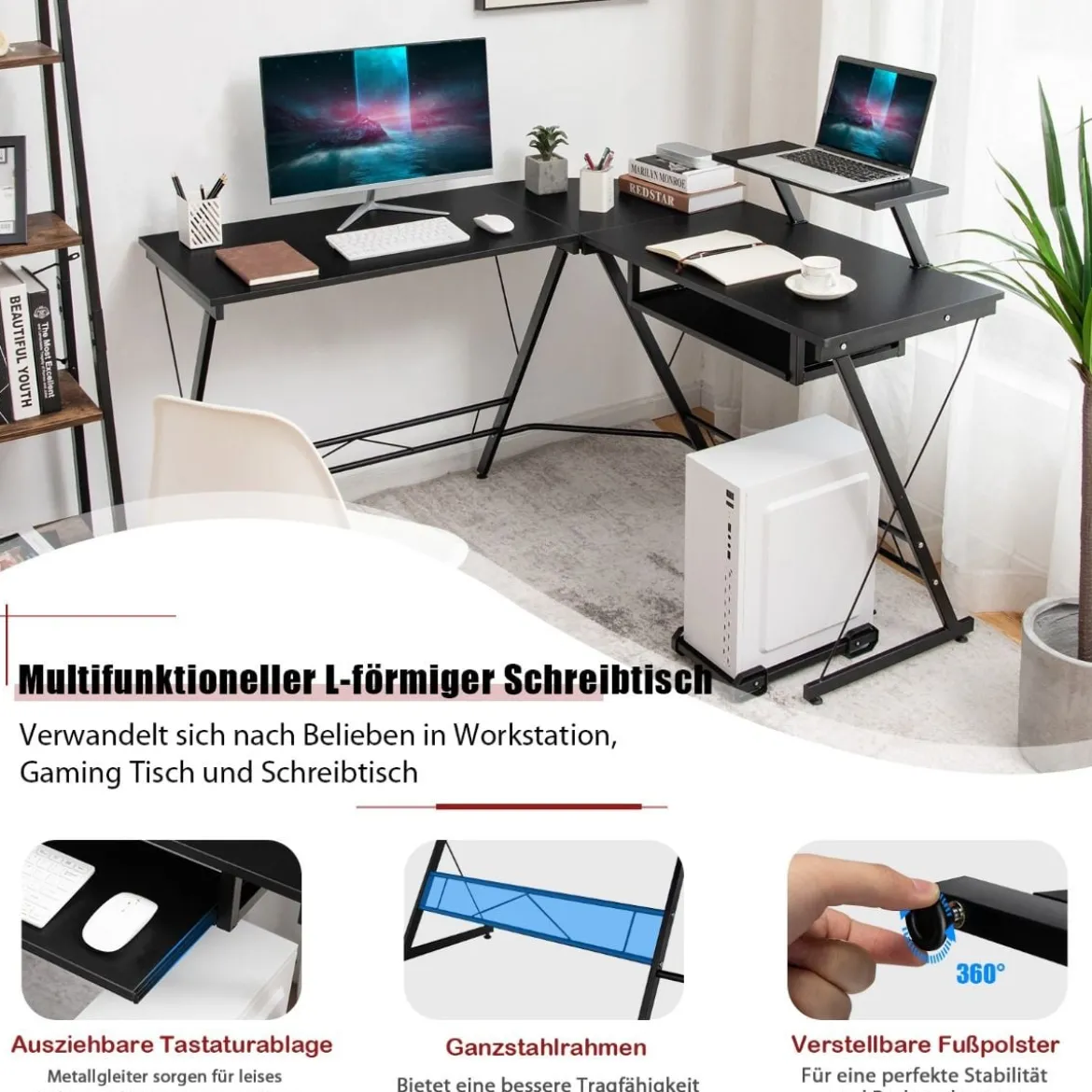 Arbeitsschreibtisch L-förmiger Computertisch mit Beweglichem Ständer Schwarz