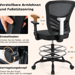 Arbeitsstuhl Bürostuhl ergonomisch Sitzhöhe 54-75 cm Hoher Drehstuhl mit hochklappbaren Armlehnen Schwarz