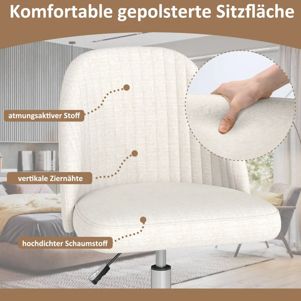 Armloser Drehstuhl Höhenverstellbarer Schminkstuhl Bürostuhl Homeoffice Stuhl Beige