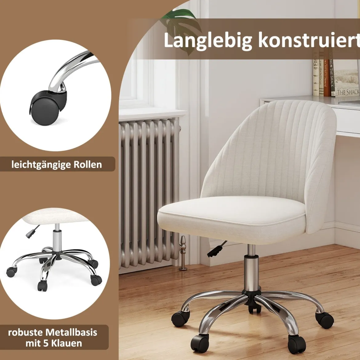 Armloser Drehstuhl Höhenverstellbarer Schminkstuhl Bürostuhl Homeoffice Stuhl Beige