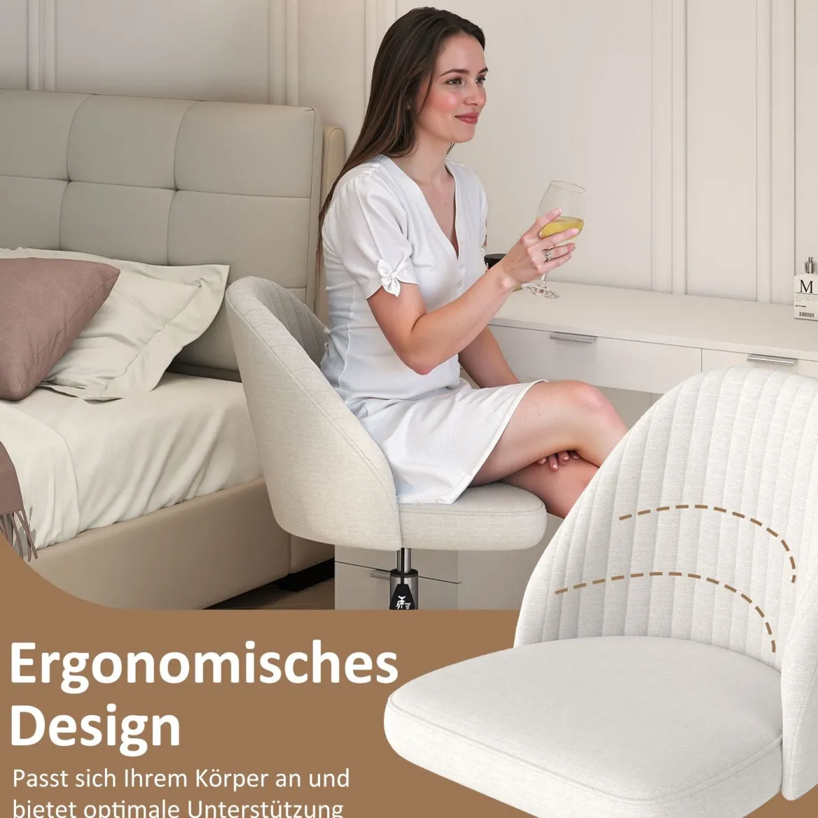 Armloser Drehstuhl Höhenverstellbarer Schminkstuhl Bürostuhl Homeoffice Stuhl Beige