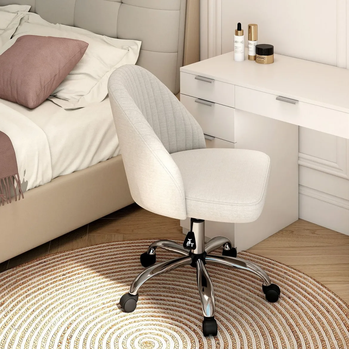 Armloser Drehstuhl Höhenverstellbarer Schminkstuhl Bürostuhl Homeoffice Stuhl Beige