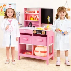 Arztpraxis-Spielset Holz-Medizinisches Zentrum mit Tafel Tierwaage Wasserhahn für Kinder ab 3 Jahren Rosa