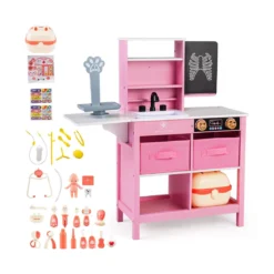 Arztpraxis-Spielset Holz-Medizinisches Zentrum mit Tafel Tierwaage Wasserhahn für Kinder ab 3 Jahren Rosa