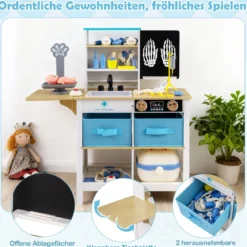 Arztpraxis-Spielset Holz-Medizinisches Zentrum mit Tafel Tierwaage Wasserhahn für Kinder ab 3 Jahren Weiß