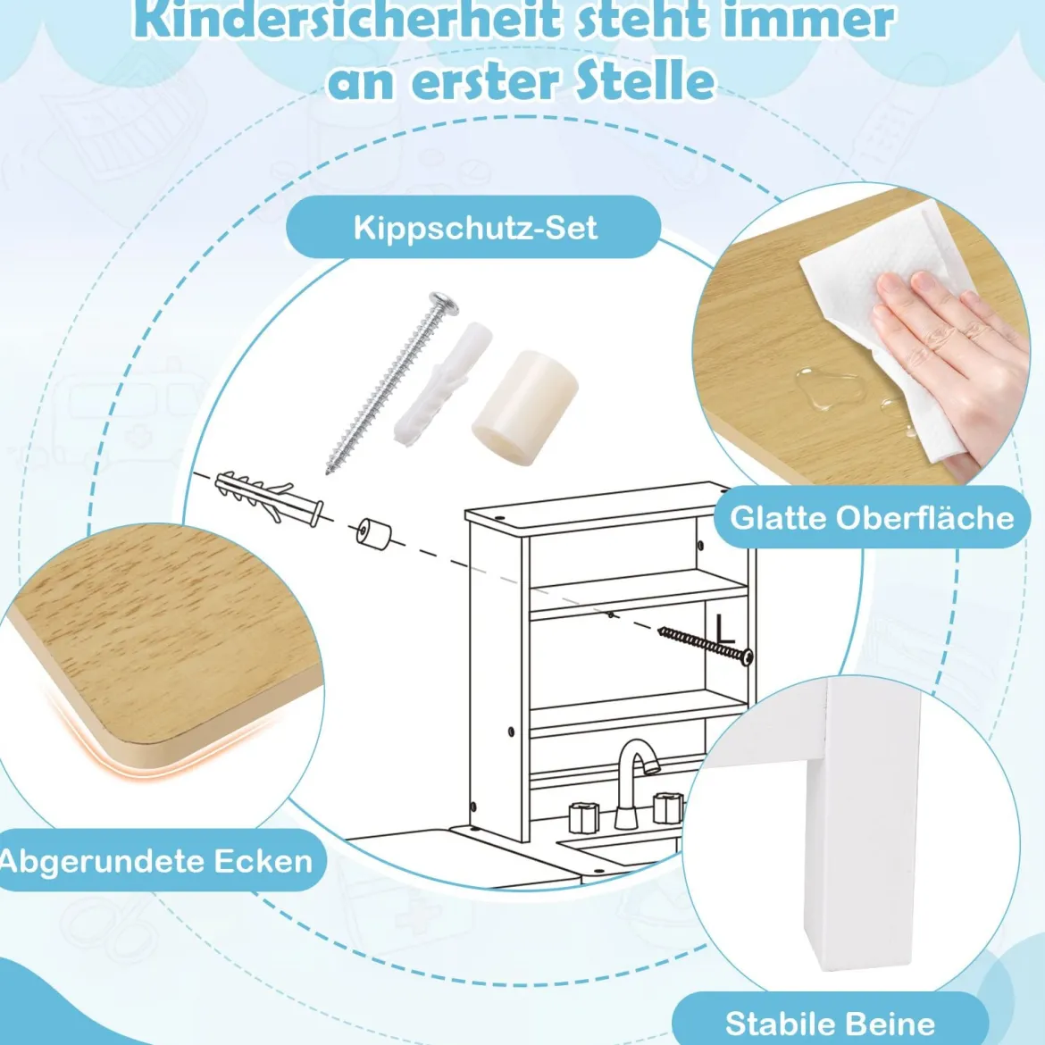 Arztpraxis-Spielset Holz-Medizinisches Zentrum mit Tafel Tierwaage Wasserhahn für Kinder ab 3 Jahren Weiß