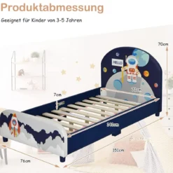 Astronauten-Muster Babybett Einzelbett mit weichem Kopfteil 151 x 76 x 70 cm Dunkelblau