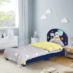 Astronauten-Muster Babybett Einzelbett mit weichem Kopfteil 151 x 76 x 70 cm Dunkelblau