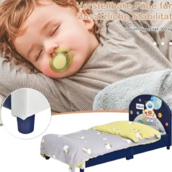 Astronauten-Muster Babybett Einzelbett mit weichem Kopfteil 151 x 76 x 70 cm Dunkelblau