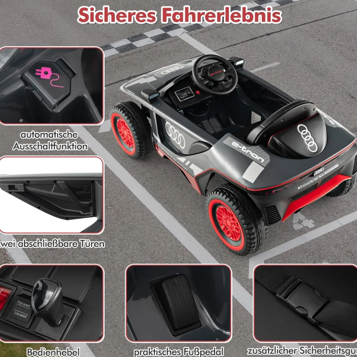 Audi Elektroauto für Kinder 12V elektrisches Kinderauto mit Fernbedienung & LED-Lichtern & 4 Federungen Grau