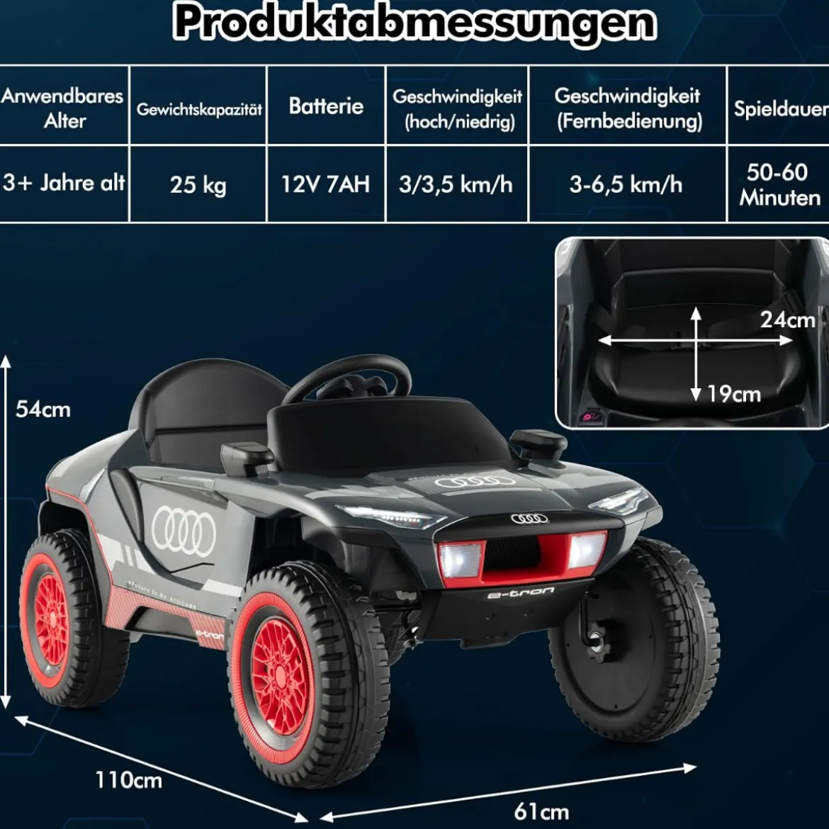 Audi Elektroauto für Kinder 12V elektrisches Kinderauto mit Fernbedienung & LED-Lichtern & 4 Federungen Grau