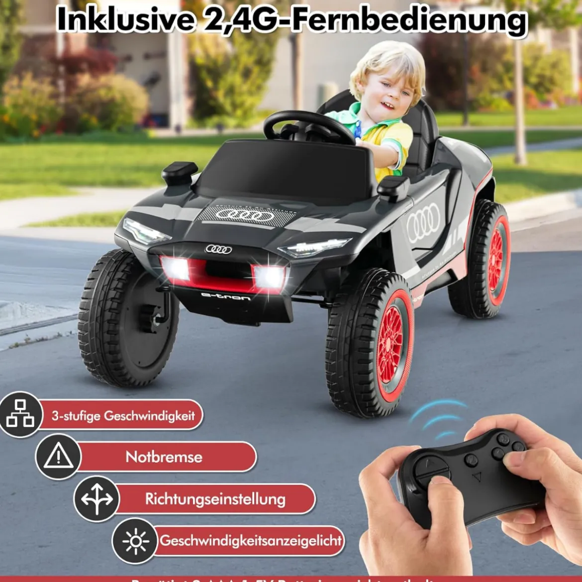 Audi Elektroauto für Kinder 12V elektrisches Kinderauto mit Fernbedienung & LED-Lichtern & 4 Federungen Grau