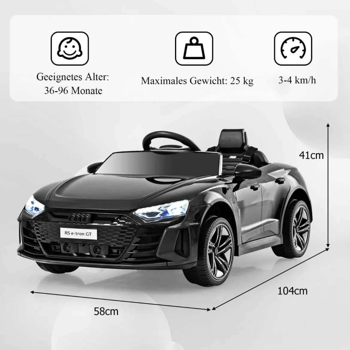 Audi RS Kinder Elektroauto mit 2,4 G Fernbedienung mit Musik und Scheinwerfer Schwarz