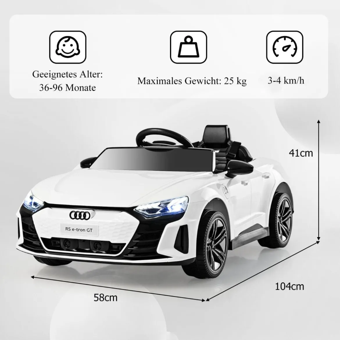 Audi RS Kinder Elektroauto mit 2,4 G Fernbedienung mit Musik und Scheinwerfer Weiß