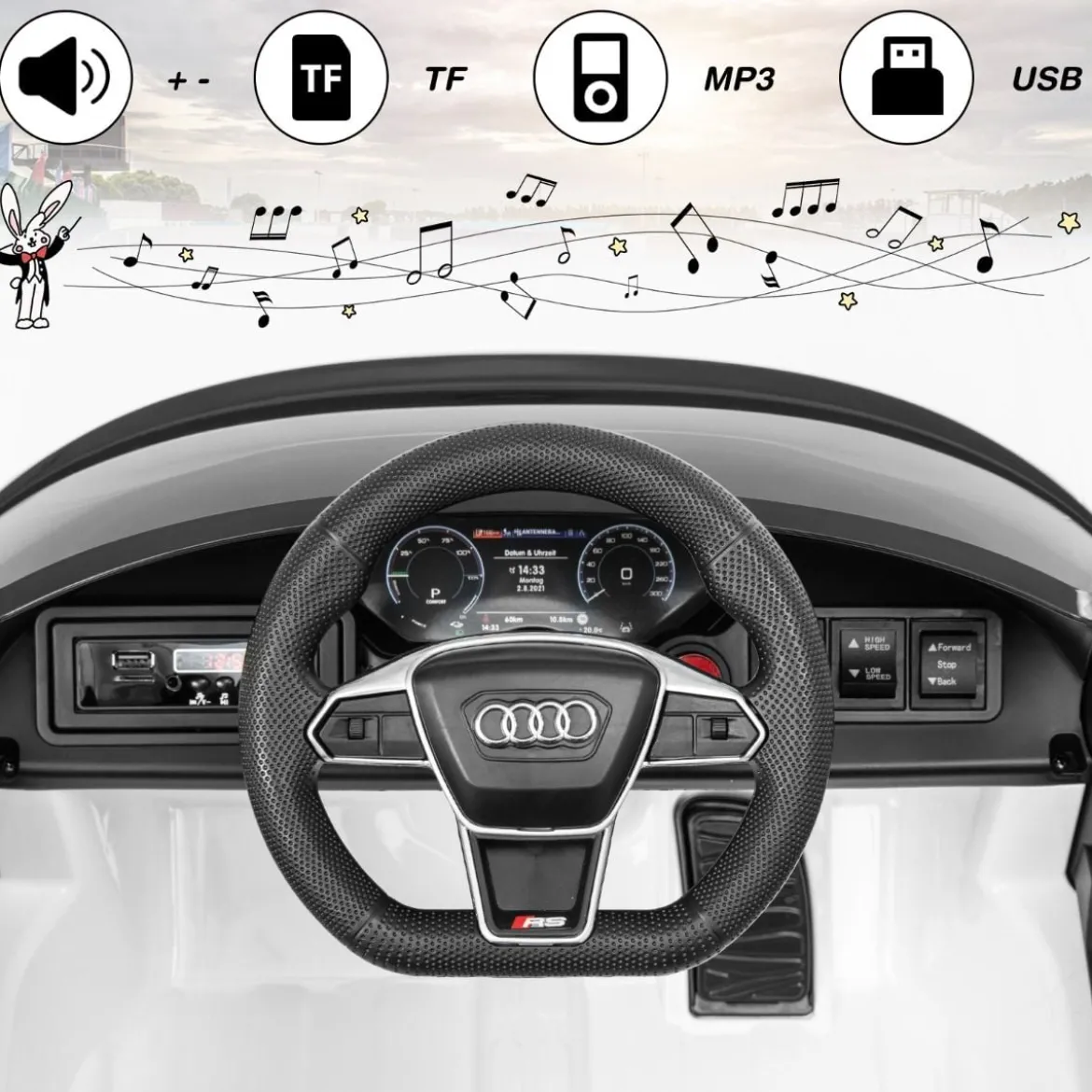 Audi RS Kinder Elektroauto mit 2,4 G Fernbedienung mit Musik und Scheinwerfer Weiß