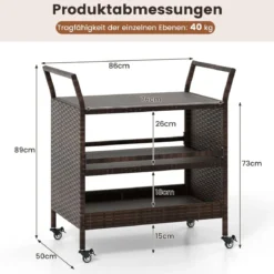 Außen-Barwagen 3-stufiges Patio Rattan-Regal mit arretierbaren Universalrädern & Seitengriffen 86 x 50 x 89 cm