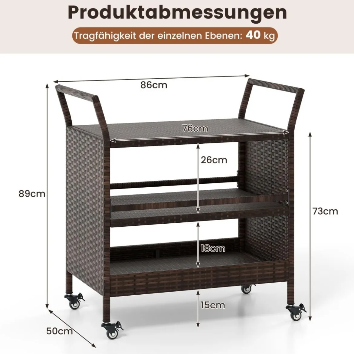 Außen-Barwagen 3-stufiges Patio Rattan-Regal mit arretierbaren Universalrädern & Seitengriffen 86 x 50 x 89 cm