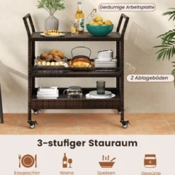 Außen-Barwagen 3-stufiges Patio Rattan-Regal mit arretierbaren Universalrädern & Seitengriffen 86 x 50 x 89 cm
