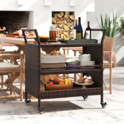 Außen-Barwagen 3-stufiges Patio Rattan-Regal mit arretierbaren Universalrädern & Seitengriffen 86 x 50 x 89 cm