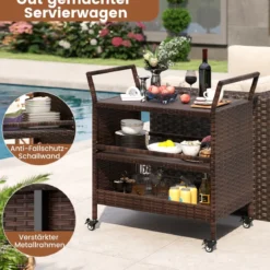 Außen-Barwagen 3-stufiges Patio Rattan-Regal mit arretierbaren Universalrädern & Seitengriffen 86 x 50 x 89 cm