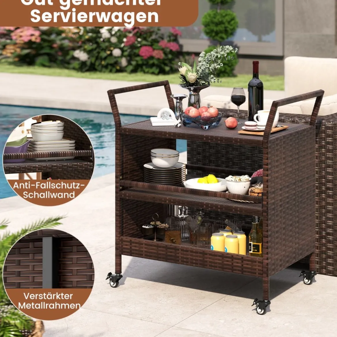 Außen-Barwagen 3-stufiges Patio Rattan-Regal mit arretierbaren Universalrädern & Seitengriffen 86 x 50 x 89 cm