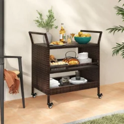 Außen-Barwagen 3-stufiges Patio Rattan-Regal mit arretierbaren Universalrädern & Seitengriffen 86 x 50 x 89 cm