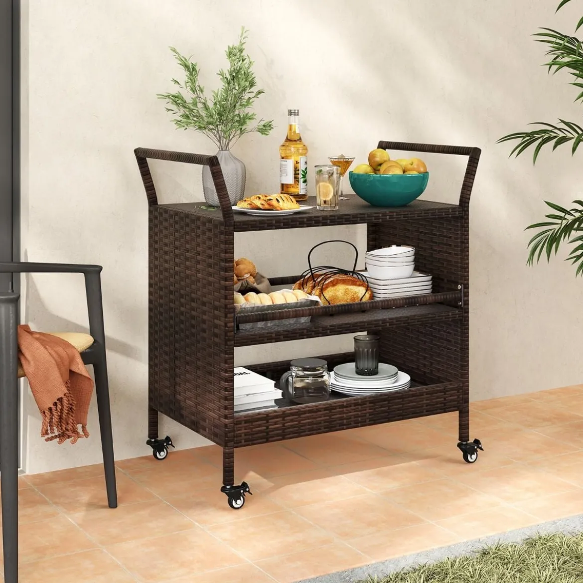 Außen-Barwagen 3-stufiges Patio Rattan-Regal mit arretierbaren Universalrädern & Seitengriffen 86 x 50 x 89 cm