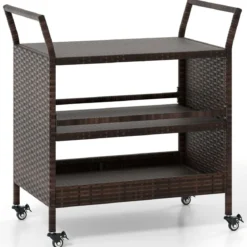 Außen-Barwagen 3-stufiges Patio Rattan-Regal mit arretierbaren Universalrädern & Seitengriffen 86 x 50 x 89 cm