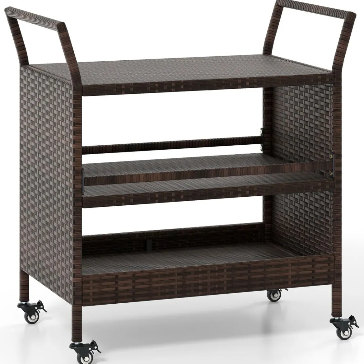 Außen-Barwagen 3-stufiges Patio Rattan-Regal mit arretierbaren Universalrädern & Seitengriffen 86 x 50 x 89 cm