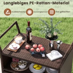 Außen-Barwagen 3-stufiges Patio Rattan-Regal mit arretierbaren Universalrädern & Seitengriffen 86 x 50 x 89 cm