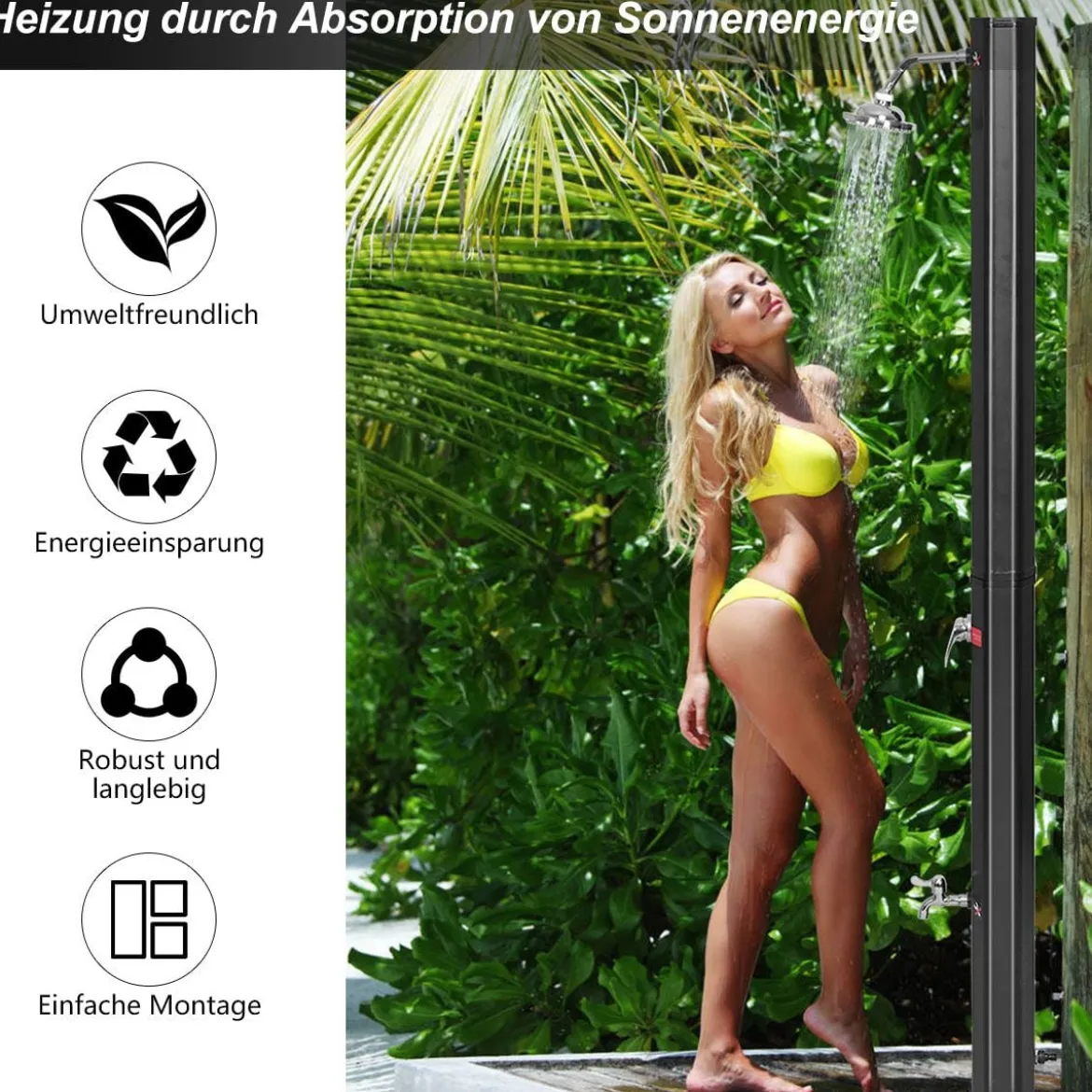 Außendusche 35 L Garten Solardusche Pooldusche mit zwei Wasserhähne 220 cm Schwarz kein Stromanschluss