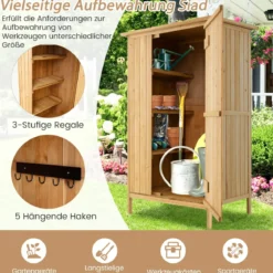 Außenlager-Schrank Holz-Gartenschuppen mit Asphalt-Dach 3 Regalen abschließbare Tür 5 Haken Natur 91 x 66 x 150 cm
