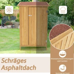 Außenlager-Schrank Holz-Gartenschuppen mit Asphalt-Dach 3 Regalen abschließbare Tür 5 Haken Natur 91 x 66 x 150 cm