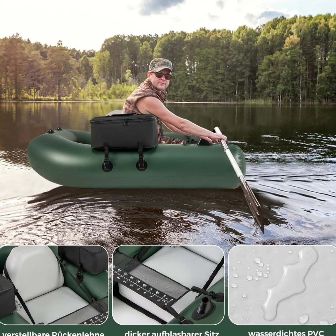 Aufbelasbares Fischerboot Schlauchboot Angelboot mit Rückenlehne Paddelboot 157 x 114 x 35 cm