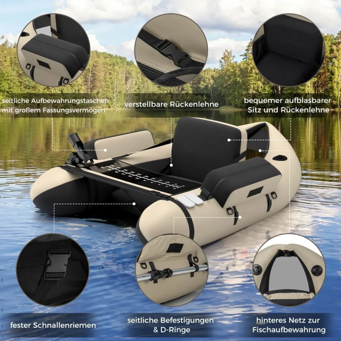 Aufbelasbares Schlauchboot Angelboot mit Verstellbarer Rückenlehne 135 x 109 x 54 cm Tarnung/Beige/Grau/Grün