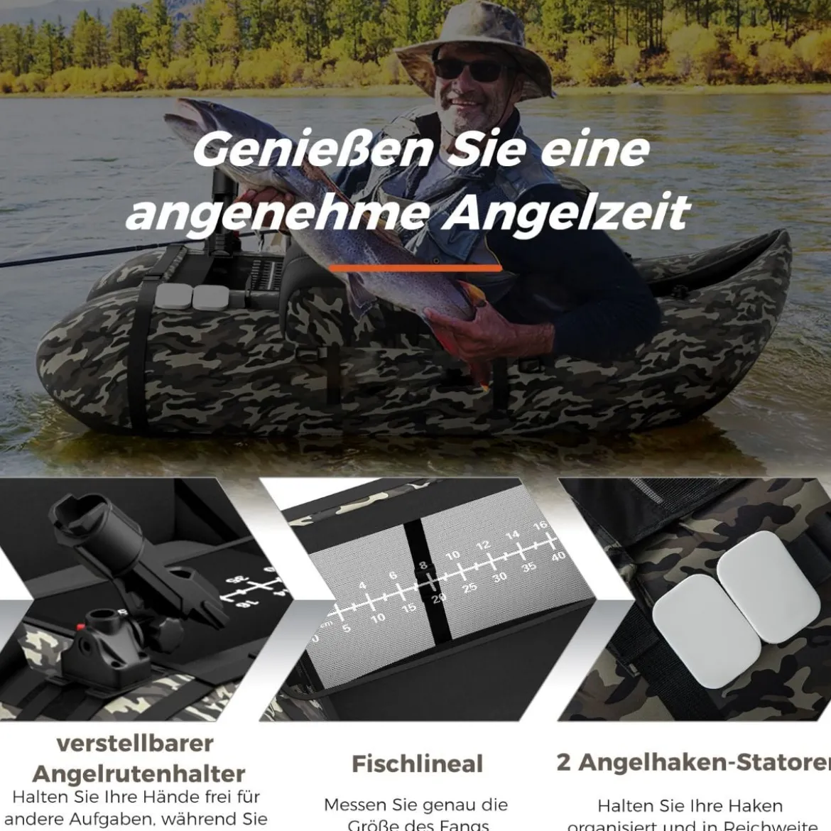 Aufbelasbares Schlauchboot Angelboot mit Verstellbarer Rückenlehne 135 x 109 x 54 cm Tarnung/Beige/Grau/Grün